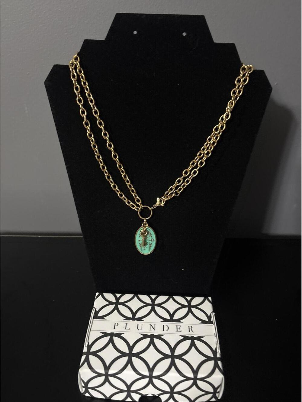Plunder Design Gold Tone Double Strand Necklace with Mint Green Logo Charm & Key - Picture 3 of 3